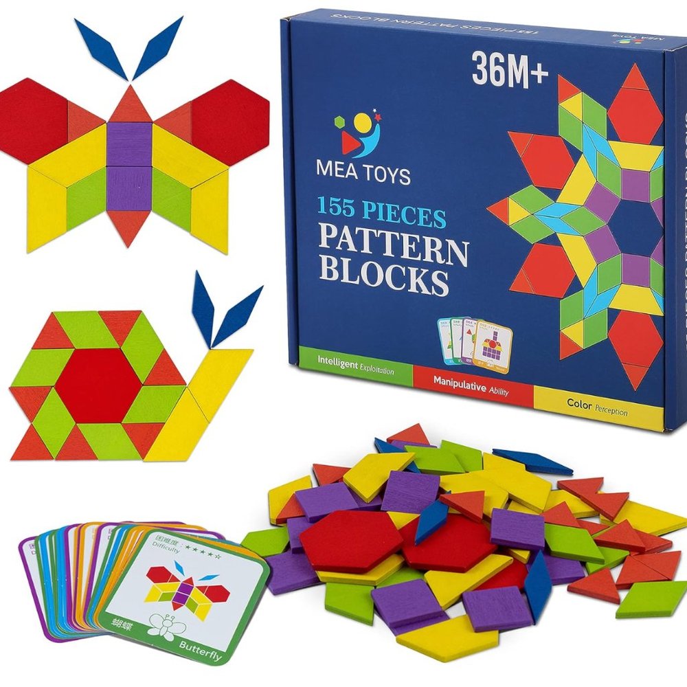155 Pcs Wooden Pattern Blocks with 24 Design Cards